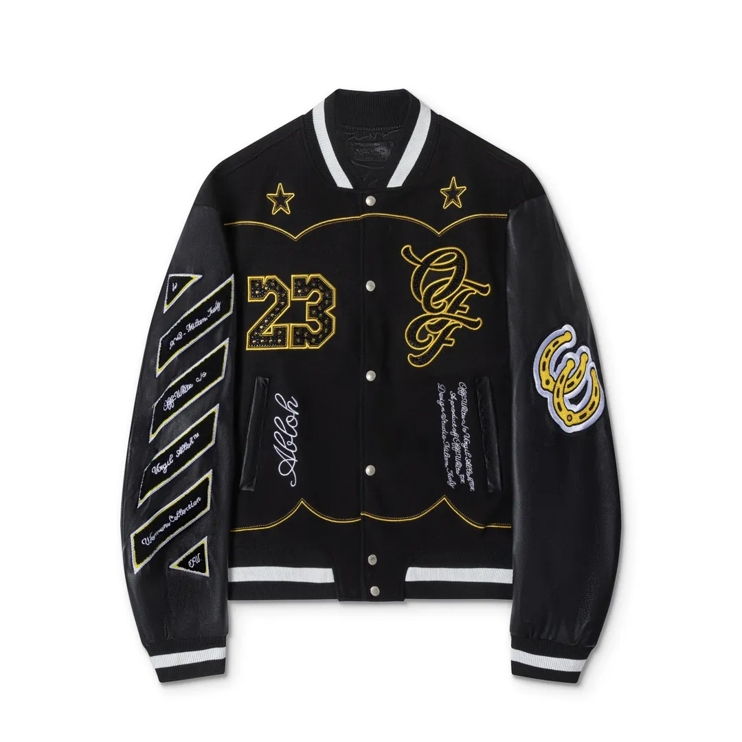 S29#P676, off white 2024 autumn and winter new style heavy industry embroidery hot diamond stitched leather baseball jacket couple style color black size: S M L XL